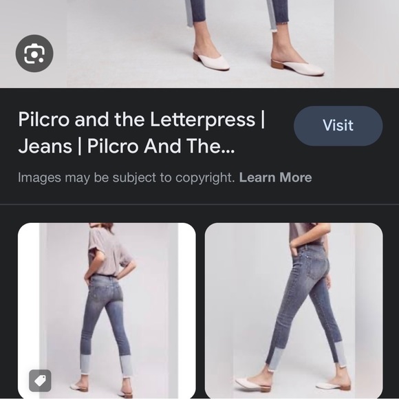 Distresses ankle bottom with a lighter color denim on back. Script - Picture 2 of 5